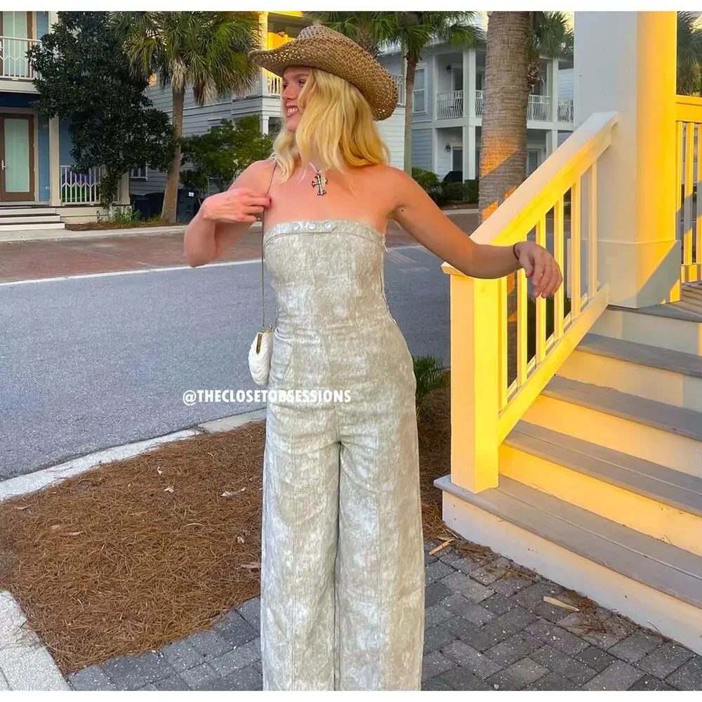 Zara Linen Blend Strapless Wide Leg Jumpsuit NWT Palazzo Resort Vacation Outfit